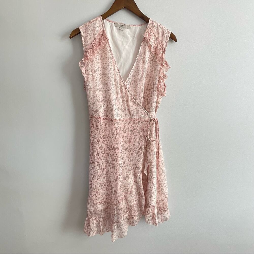 ALLSAINTS Women’s Priya Leox Dress Pink & White Polkadot Ruffle Wrap Flowy Light - Picture 3 of 10